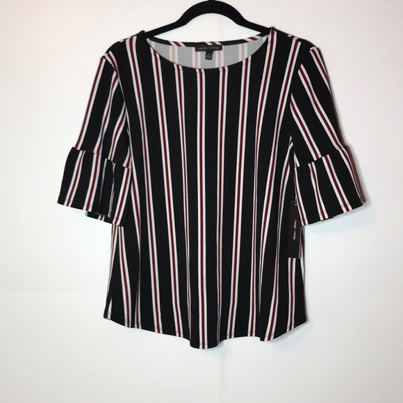 Moa Moa Tops - MoaMoa Striped Blouse with Flared 3/4 Sleeves